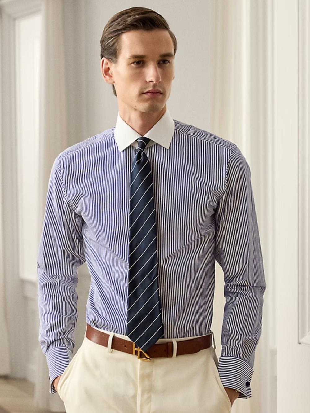 Lauren Ralph Lauren Striped Slim Fit Non Iron Long Sleeve Button Down Shirt
